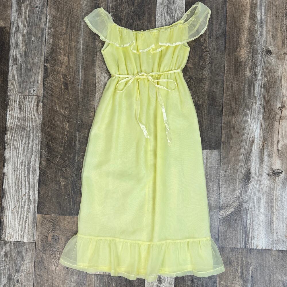 Vintage Yellow Sheer Ruffle Dress Off Shoulder Cottagecore Fairy Coquette Midi